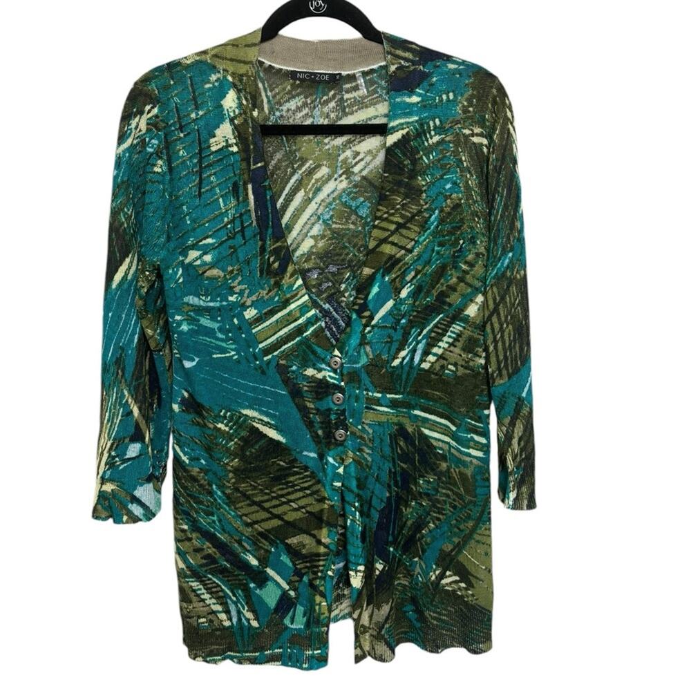 Nic + Zoe Linen Blend Lightweight Abstract Leaf Print Cardigan - Size XS